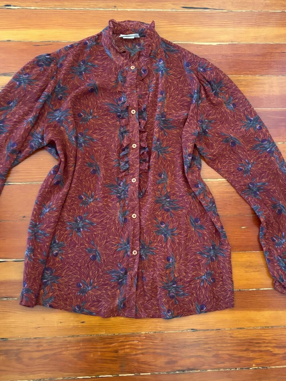 80s True Vintage Twee Secretary Floral Blouse Ruffle Eunice California MEDIUM